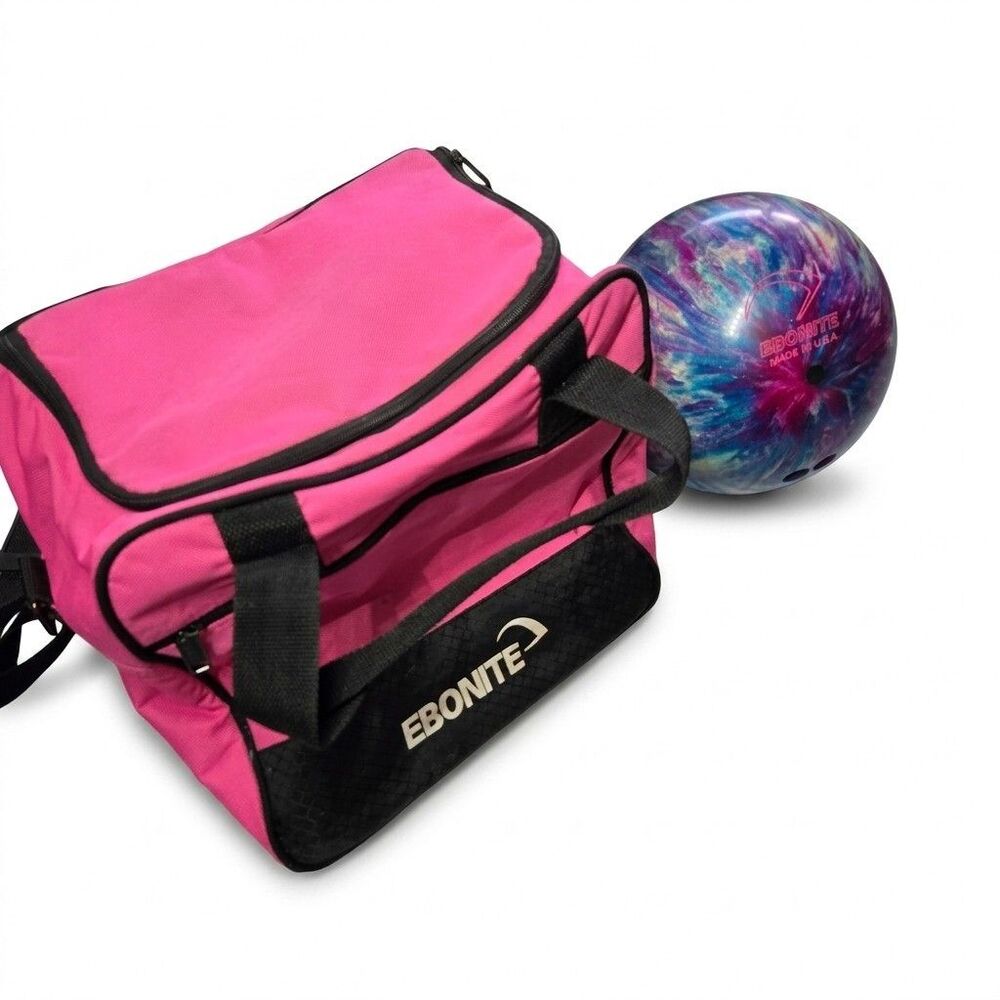 Ebonite Bowling Ball Blue And Purple Galaxy 8 lb with pink Ebonite Carrying Bag